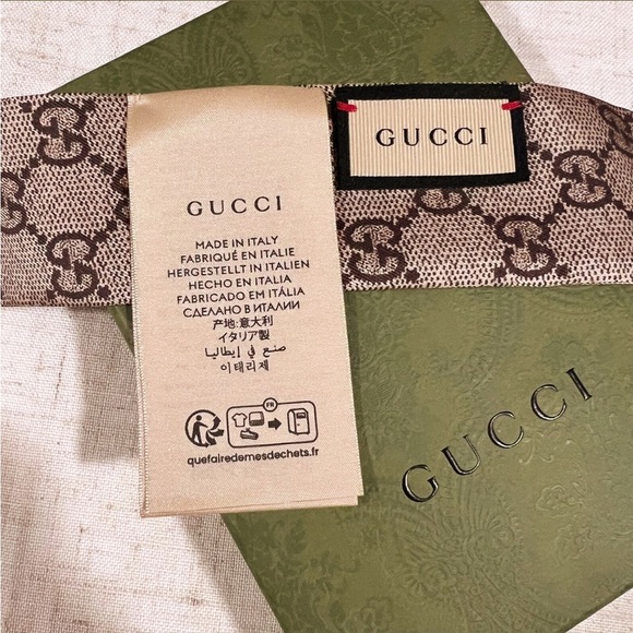 GUCCI Interlocking G Horsebit Web Print Silk Neck Bow In Brown NEW IN BOX - Picture 9 of 12